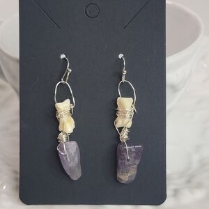 Handmade Coyote bone and amethyst wire wrapped earrings